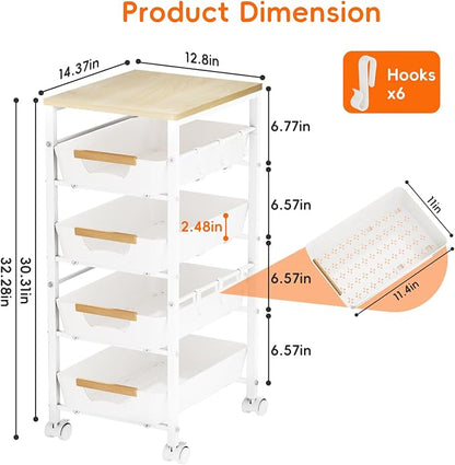 5-Tier Kitchen Storage Cart, Wood Top Rolling Cart Organizer with Pull-Out Baskets & Wheels, Metal Snack Cart with Holder for Fruit, Vegetable, Microwave, Kitchen, Pantry, White
