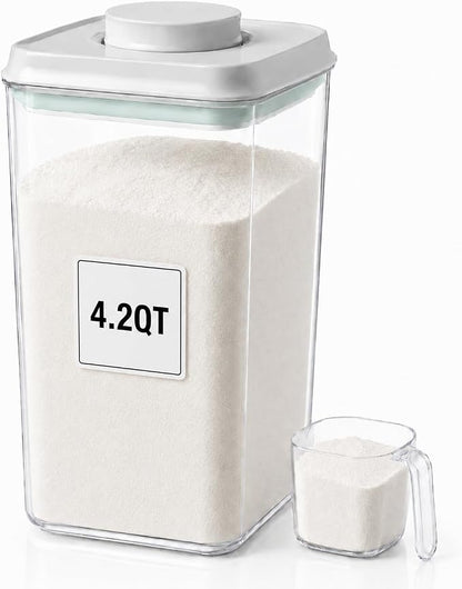 POP Airtight Flour-Rice Food-Storage Container - 4L/4.2Qt Jar with Lid and 3.3Oz Scoop | BPA-Free | Can Hold 5lb of Flour or 5lb of Rice | Stackable and Durable