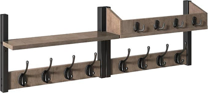 YMYNY 31.5" Coat Rack Wall Mount with Shelf, 4 in 1 Key and Coat Hanger with 12 Metal Hooks, Wall Shelf with Hooks & Mail Holder for Living Room, Bedroom, Silver Gray, HWS007Y-2