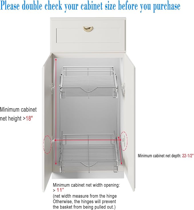 DINDON 2 Tier Pull Out Cabinet Organizer (11" W X 21" D), Double Tier Wire Basket Slide Out Shelf Storage for Kitchen Base Cabinet Organization for Kitchen, Pantry, Bathroom, Chrome