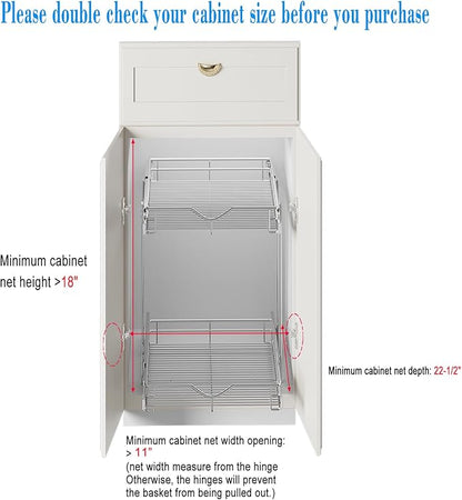 DINDON 2 Tier Pull Out Cabinet Organizer (11" W X 21" D), Double Tier Wire Basket Slide Out Shelf Storage for Kitchen Base Cabinet Organization for Kitchen, Pantry, Bathroom, Chrome