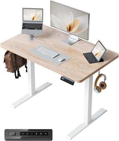 FEZIBO One-Piece Standing Desk Adjustable Height Stand up Home Office Desk, 40x24 Inch Electric Standing Computer Desk, with 4 Memory Presets, Headphone Hook, Maple