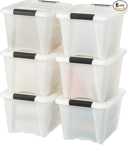 IRIS USA 19 Qt Stackable Plastic Storage Bins with Lids, 6 Pack - BPA-Free, Made in USA - Discreet Organizing Solution, Latches, Durable Nestable Containers, Secure Pull Handle - Pearl