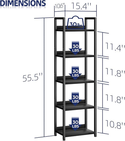 NUMENN Narrow Bookshelf, 5 Tier Bookshelves, Home Office Bookcase Shelf Storage Organizer, Free Standing Storage Shelving Unit for Bedroom, Living Room and Home Office, Black
