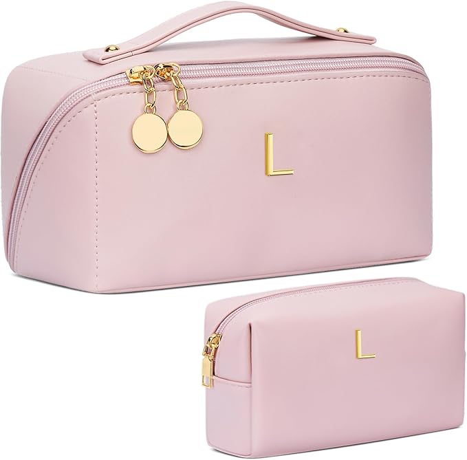 Valentine's Day Gifts for Women Teen Girl, Personalized Initial Makeup Organizer Bag Set, Open Flat Travel Cosmetic Bag With Clear Divider and Handle(Pink,L)