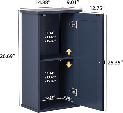 Over The Toilet Storage Cabinet, Above Toilet Organizer with Rattan Door, Modern Blue Finish, 13x25 inch Space Saving Bathroom Medicine Cabinet