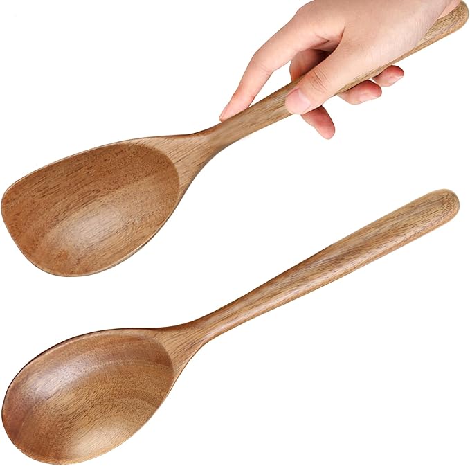 MornHalo 2PCS Acacia Wooden Spoons For Cooking 12-inch Smooth Finish Corner Spoon And Cooking Spoons-Comfortable Grip Wood Spoons for Cooking - Non-Stick Wooden Cooking Utensils
