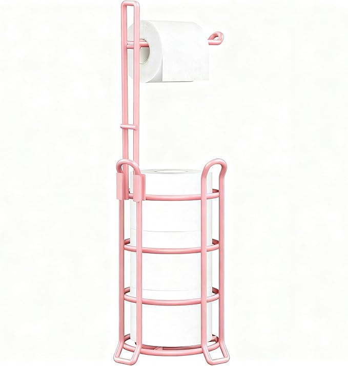TomCare Toilet Paper Holder Toilet Paper Stand and Dispenser for 3 Spare Rolls Metal Wire Free-Standing Toilet Tissue Paper Roll Storage Shelf Bathroom Accessories Storage Organizer Pink