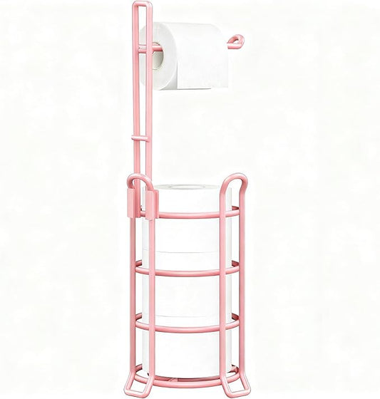 TomCare Toilet Paper Holder Toilet Paper Stand and Dispenser for 3 Spare Rolls Metal Wire Free-Standing Toilet Tissue Paper Roll Storage Shelf Bathroom Accessories Storage Organizer Pink
