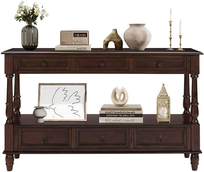 LKTART 54'' Solid Wood Console Table, Farmhouse Entryway Table with 6 Drawers and Shelf, Narrow Long Sofa Table with Storage for Living Room Hallway, Couch, Foyer (Espresso)