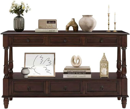 LKTART 54'' Solid Wood Console Table, Farmhouse Entryway Table with 6 Drawers and Shelf, Narrow Long Sofa Table with Storage for Living Room Hallway, Couch, Foyer (Espresso)