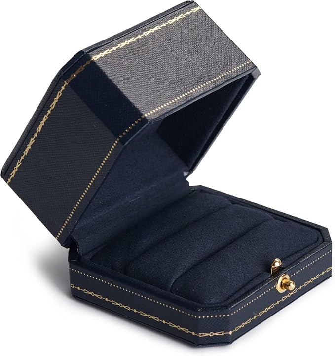 Oirlv Royal Blue Double Ring Box (Jewelry Storage, 2.95x2.95x1.96 inches, Leather, Square, 1 Compartment, 1 Drawer, 0.2 pounds) for Wedding, Anniversary, Engagement, Valentine's Day