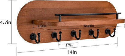 SANY DAYO HOME Key Holder Wall Mount Brown Wood Entryway Rack with 5 Gold Hooks, Metal Shelf Guardrail for Key Organizer, Living Room Decor (Oval, 14" x 5")