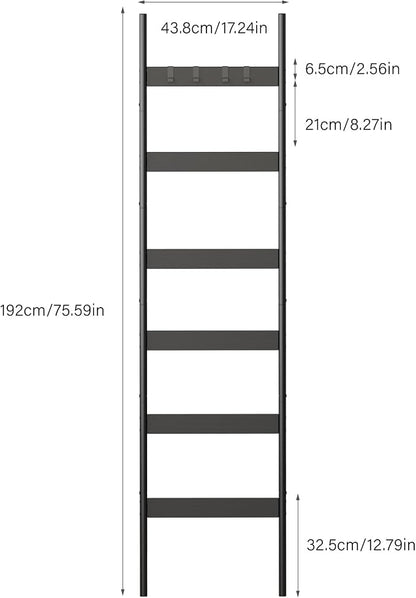 Blanket Ladder, 6-Tier Towel Holder with 4 Removable Hooks, Farmhouse Wall Leaning Decorative Rack Shelf, Wooden Towel Display Rack, Quilt Ladder for Living Room, Bedroom, Black