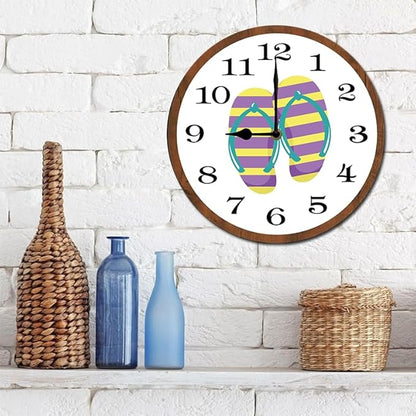 Flip Flops Wall Clock 10 Inch Silent Non Ticking Battery Operated Wooden Modern Office Simple Minimalist Clock Decorative for Kitchen Home Bathroom Living Room