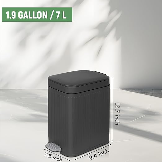 rejomiik Small Bathroom Trash Can with Lid Slim Soft Close Garbage Can Step Wastebasket Container Trash Bin for Office Bedroom Kitchen Living Room (1.9 Gallon Dark Gray)