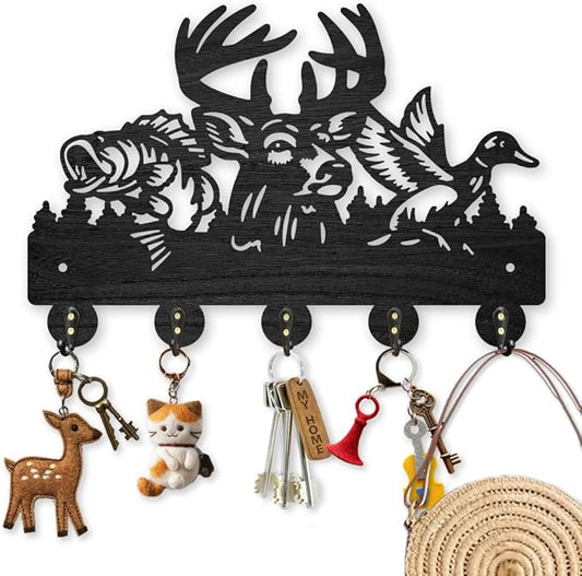MAYJOYDIY Fish Deer Duck Key Holder for Wall Wooden Fish Bird Animal Key Rack 11.8×7.8inch Decorative Forest Tree Fishing Key Hanger with 5 Alloy Hooks for Entryway Front Door Kitchen Office