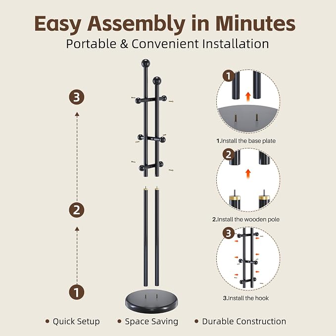 Uniclinens Wood Coat Rack Freestanding - Heavy Duty Freestanding Coat Rack, Wooden Coat Stand with 6 Hooks Creative Tree Branch-look for Entryway, Hallway, Bedroom (Black)