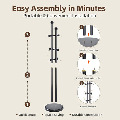 Uniclinens Wood Coat Rack Freestanding - Heavy Duty Freestanding Coat Rack, Wooden Coat Stand with 6 Hooks Creative Tree Branch-look for Entryway, Hallway, Bedroom (Black)