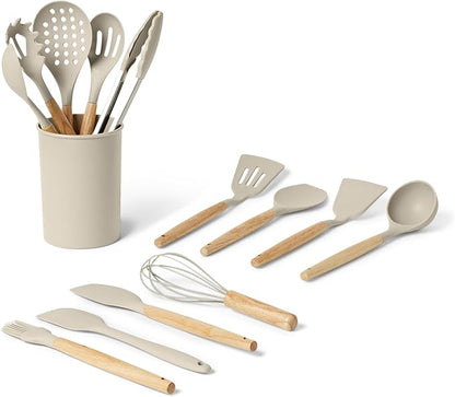 Amazon Basics Silicone Cooking Utensils Set with Wooden Handle, 14-Piece, BPA-Free, Utensil Holder Included, Linen Gray