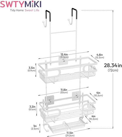 SWTYMIKI Over The Door Shower Caddy With Double Soap Holder, Hanging Shower Caddy With 16 Hooks, No Drilling Hanging Shower Organizer Over Door To Organize Bathroom Essentials, White