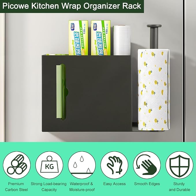 Picowe Wall Mount Kitchen Wrap Organizer Rack, Metal Aluminum Foil Organizer, Cabinet Storage Holder for Kitchen, Aluminum Foil, Cling Film, Paper Towel (Grey)