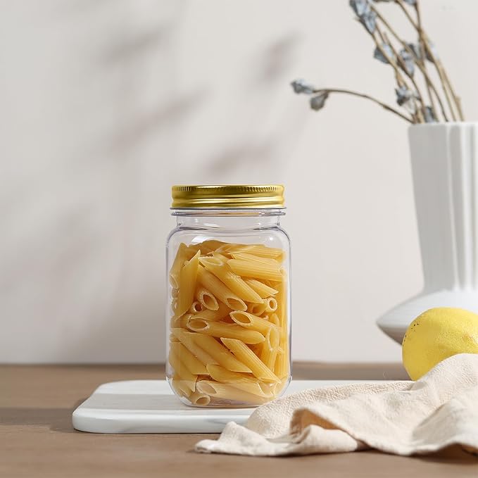 novelinks 16 oz Clear Plastic Jars with Lids, Refillable 16oz Mason Jars with Lids & Storage Containers for Kitchen & Household Use (24 Pack,Gold)