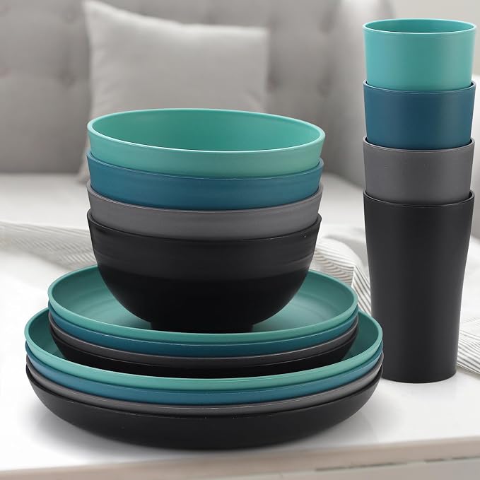 Wheat Straw Dinnerware Sets, 16pcs Dishes Dinnerware Sets Microwave and Dishwasher Safe, Lightweight Unbreakable Dish Set, Reusable Dinner Plates Kids Plates & Bowls Sets & Cups (Multicolor)