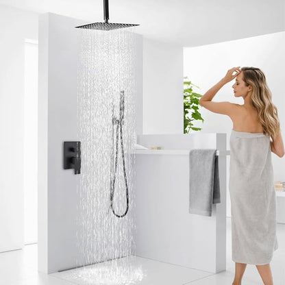 12 Inch Matte Black Ceiling Mount Shower System Bathroom Luxury Rain Mixer Shower Combo Set Ceiling Rainfall Shower Head System Faucet Contain Rough-in Valve and Trim Included
