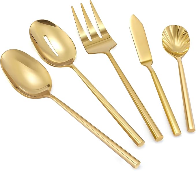 Kelenfer Silverware 65-Piece Gold Flatware Set with Serving Utensils Stainless Steel Thick Heavy Mirror Polished Cutlery Set for Wedding Hotel Restaurant, Service for 12