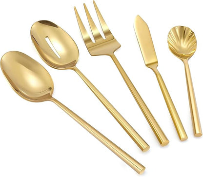 Kelenfer Silverware 65-Piece Gold Flatware Set with Serving Utensils Stainless Steel Thick Heavy Mirror Polished Cutlery Set for Wedding Hotel Restaurant, Service for 12