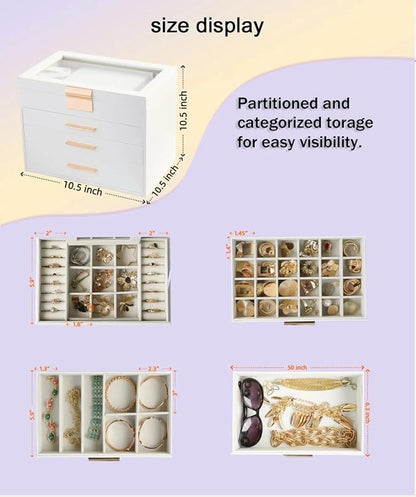 BOOVO Jewelry Boxes for Women, White and Black 6 Layer Large Jewelry Box for Necklace, Bracelet, Earrings, Rings Storage, Jewelry holder Organizer for Girls Gift (Clear White, 4 layer)