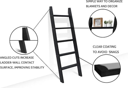 FUIN 5ft (58") Wood Blanket Ladder Living Room Decorative Wall Leaning Farmhouse Quilt Display Holder Shelf Rustic Wooden Towel Rack for Bathroom, Black