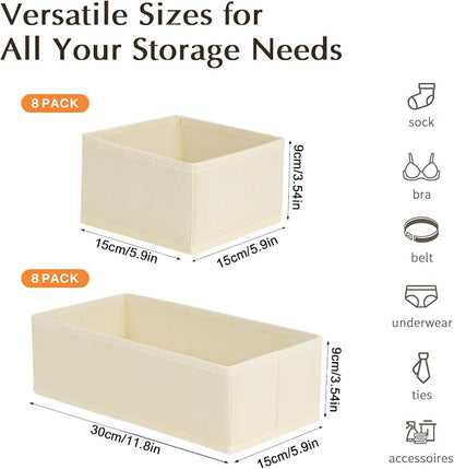 DIMJ Drawer Organizers Clothes, Set of 16 Dresser Organizer Bins, Fabric Closet Organizers and Storage, Shallow Drawer Dividers for Nursery, Clothing, Baby Clothes, Socks, Underwears, Tie (Beige)