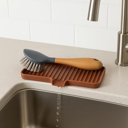 Happitasa Silicone Soap Dish Tray and Sponge Holder with Drain Chute | Bathroom and Kitchen Sink Organizer Caddy (Mocha, 9"x3.5", 5.6 Ounces)