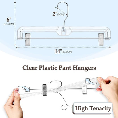 HOUSE DAY Clear Pants Hangers with Clips 25 Pack, Non-Slip Skirt Hangers for Women, Upgraded Heavy Duty Plastic Clip Hanger for Pants, Trousers, Jeans, 14" Short Hanger, 360-Rotating Swivel Hook