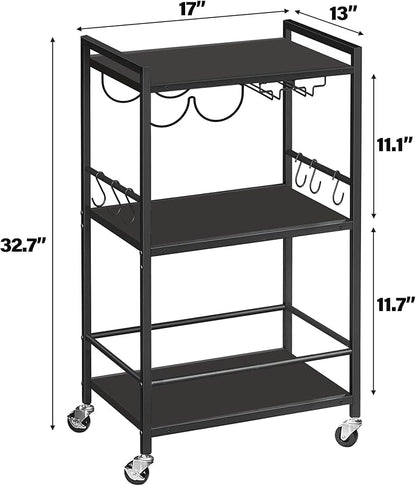 TUTOTAK Bar Cart, Home Bar Serving Cart, Microwave Cart, Drink Cart, Mobile Kitchen Shelf with Wine Rack and Glass Holder, Rolling Beverage Cart Living Room, Kitchen, Black BC01BK032