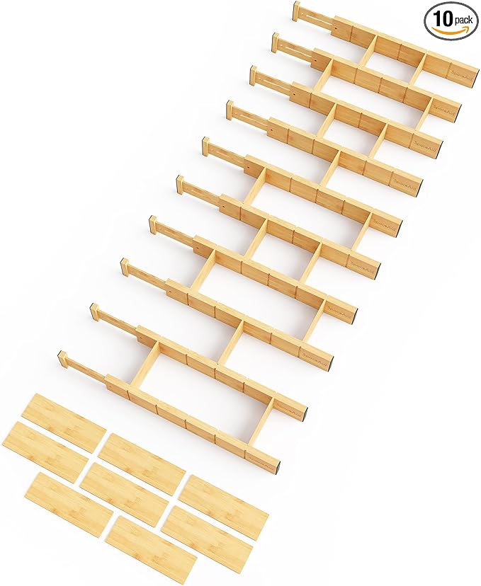SpaceAid Bamboo Drawer Dividers with Inserts and Labels, Kitchen Adjustable Drawer Organizers, Expandable Organization for Home, Office, Dressers, 10 Dividers with 24 Inserts (17"-22" Natural)