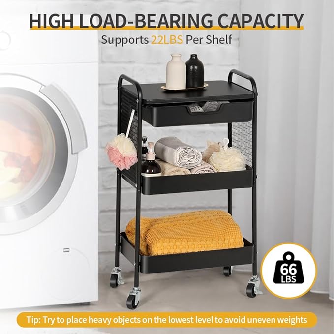 CRUDATE 3-Tier Rolling Cart with Drawer, Metal Utility Storage Cart Organizer with Lockable Wheels&Hanging Cups&Hooks, Mobile Storage Craft Carts Trolley with Mesh Shelves for Kitchen, Office-Black