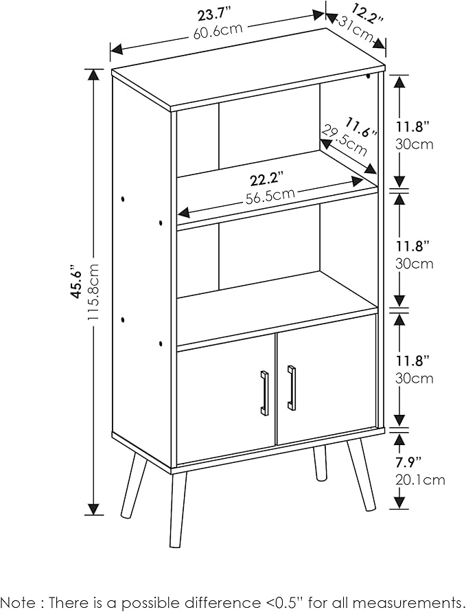 Furinno MIDCENTURY Storage Shelves, Storage Cabinet with Doors and Shelves, Bookshelf with Legs, for Living Room, Home Office, Grey Oak