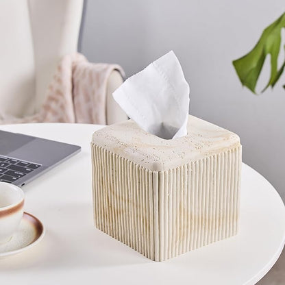 Natural Travertine Texture Striped Square Tissue Box Cover Decorative,Resin Heavy Sturdy Tissue Box Holder, Facial Paper Holder for Bathroom Vanity Countertop, Bedroom Night Stand,Office and End Table