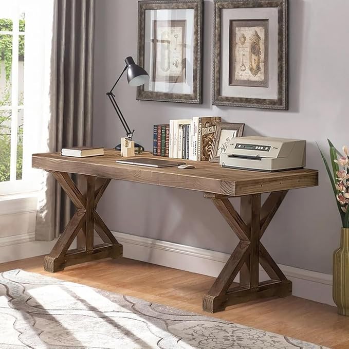 homary 47.2" Solid Wood Executive Desk, Rustic Farmhouse Home Office Desk with X-Trestle Base, Compact Writing & Computer Table for Home Office or Study Room