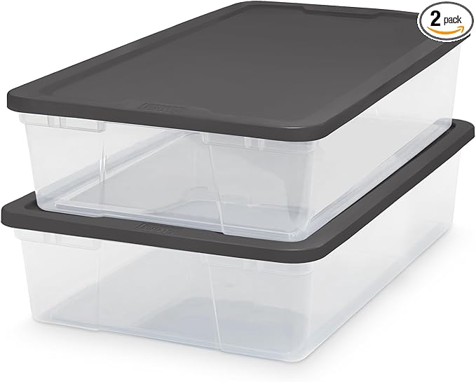 HOMZ 2-Pack Snaplock, Small Clear Plastic Storage Organizer Bins w/ Lids, 28 Quart, Gray - Stackable Container Boxes for Bedroom, Bathroom, Garage, and Office Organization