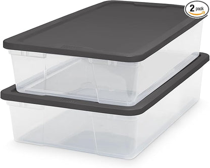 HOMZ 2-Pack Snaplock, Small Clear Plastic Storage Organizer Bins w/ Lids, 28 Quart, Gray - Stackable Container Boxes for Bedroom, Bathroom, Garage, and Office Organization