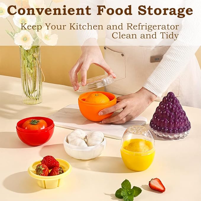 6 PCS Fruit and Vegetable Storage Containers, Reusable Storage Keeper, Lemon Orange Avocado Onion Garlic Tomato Shaped Saver Holder for Fridge, Refrigerator Crisper for Fruit and Vegetable