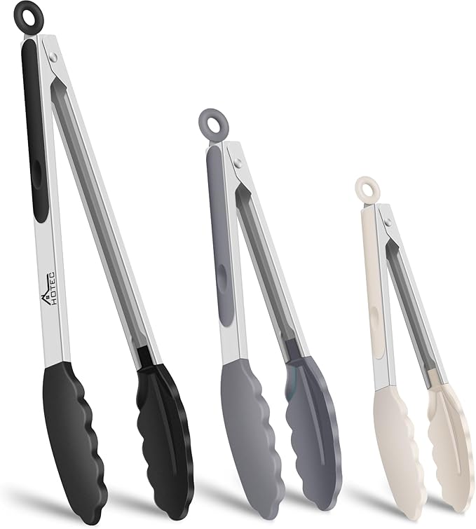 HOTEC Premium Stainless Steel Locking Kitchen Tongs with Silicon Tips, Set of 3-7", 9" and 12", Black, Grey, White