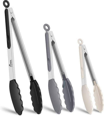 HOTEC Premium Stainless Steel Locking Kitchen Tongs with Silicon Tips, Set of 3-7", 9" and 12", Black, Grey, White