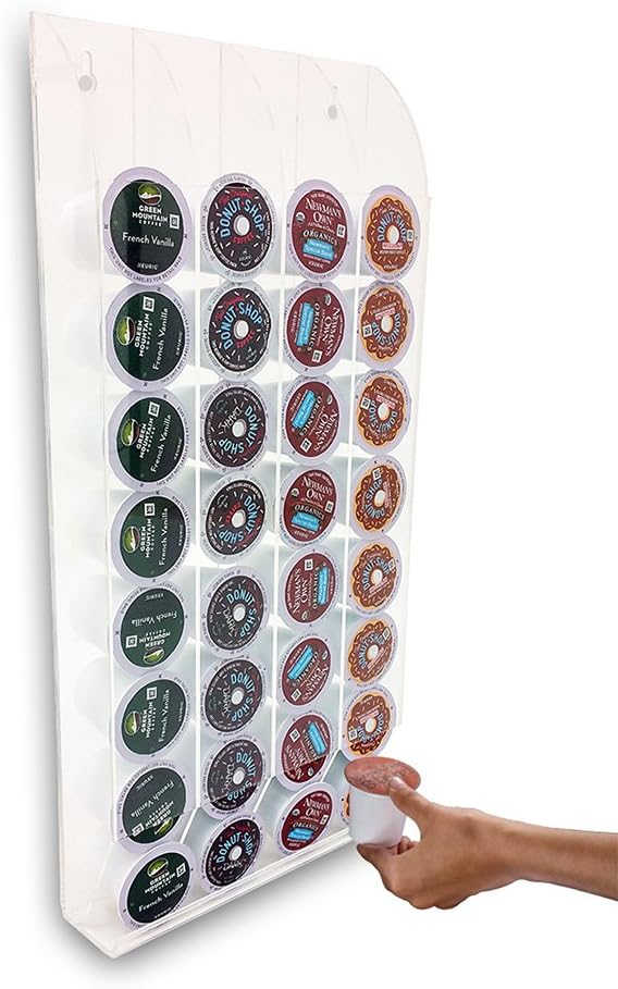 OnDisplay Wall Mount Acrylic Coffee Pod Holder Compatible with Keurig K-Cup Capsules, 32 Pod Capacity Clear K Cup Storage Organizer Rack for Kitchen Counter, Coffee Bar Stations and Pantry, No