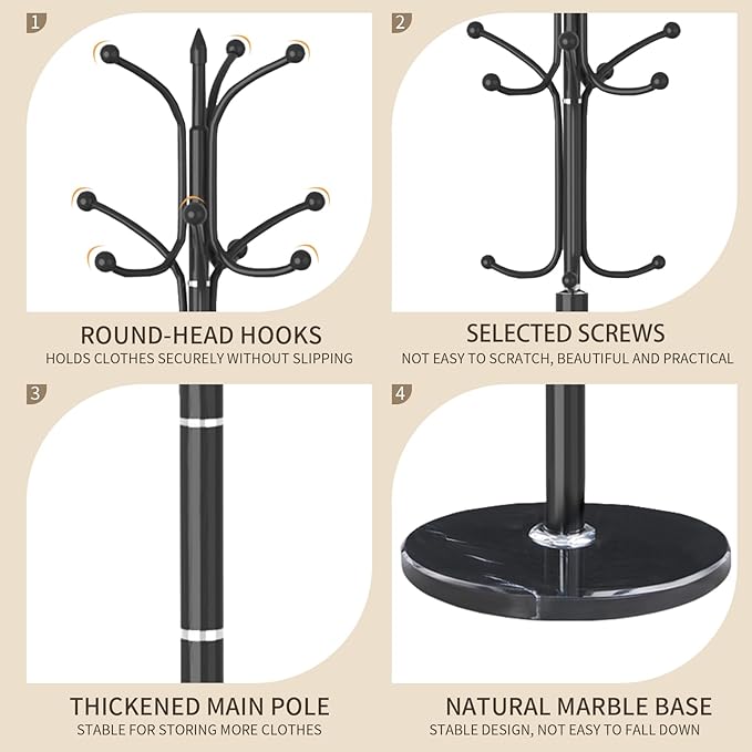 Metal Coat Rack Stand, Modern Freestanding Coat Rack with Natural Marble Base, Coat Racks and Coat Hall Tree Hanger Stand for Entryway, Hallway, Office (12 HOOKS)