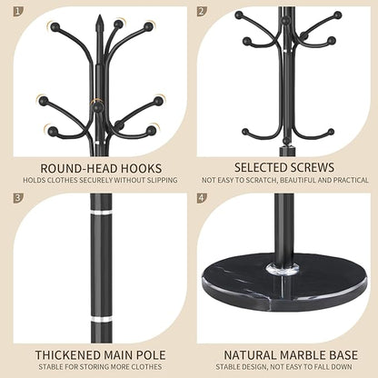 Metal Coat Rack Stand, Modern Freestanding Coat Rack with Natural Marble Base, Coat Racks and Coat Hall Tree Hanger Stand for Entryway, Hallway, Office (12 HOOKS)